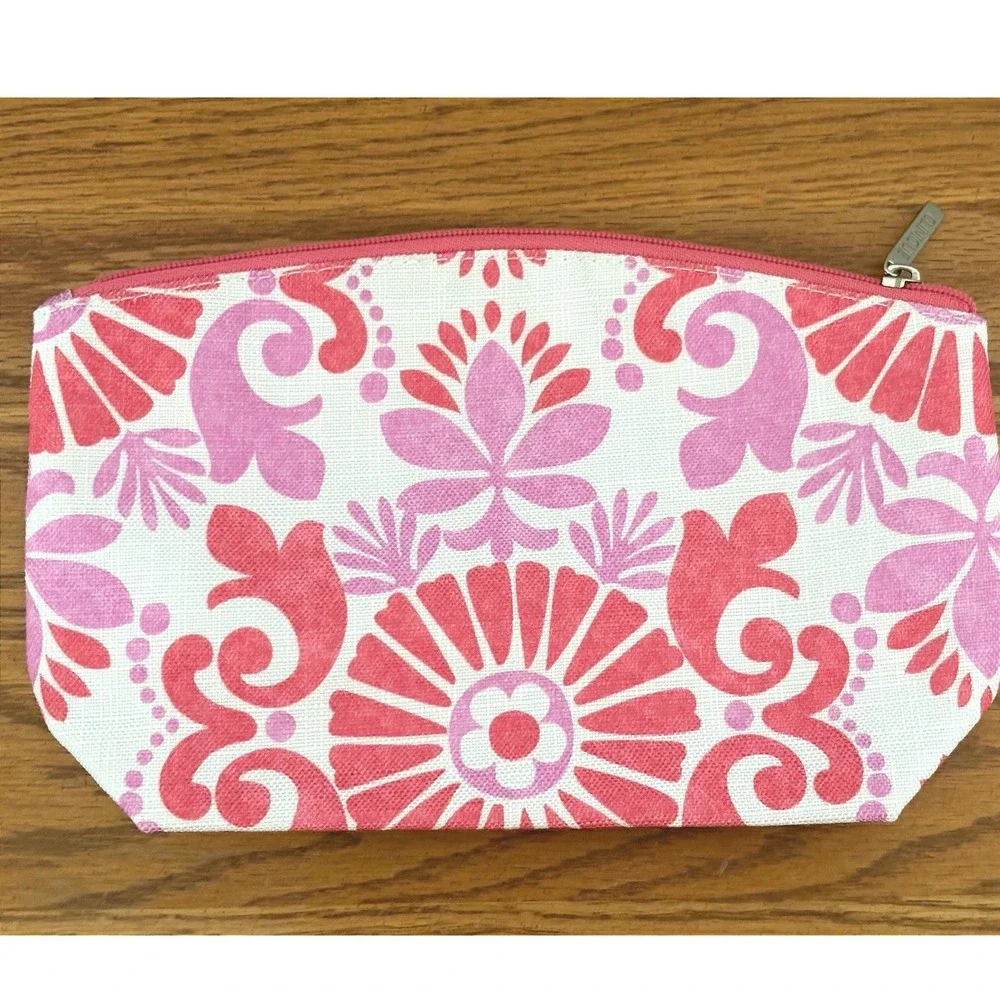 Clinique‎ Cosmetic Bag Set 2 Floral Pink Green Canvas Makeup Pouches Zippered
